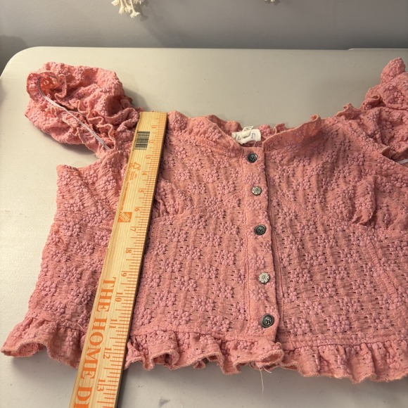 POL Womens Pink‎ Smocked Puff Sleeve Cropped Ruffle Button Top Med Cottagecore - Picture 9 of 10